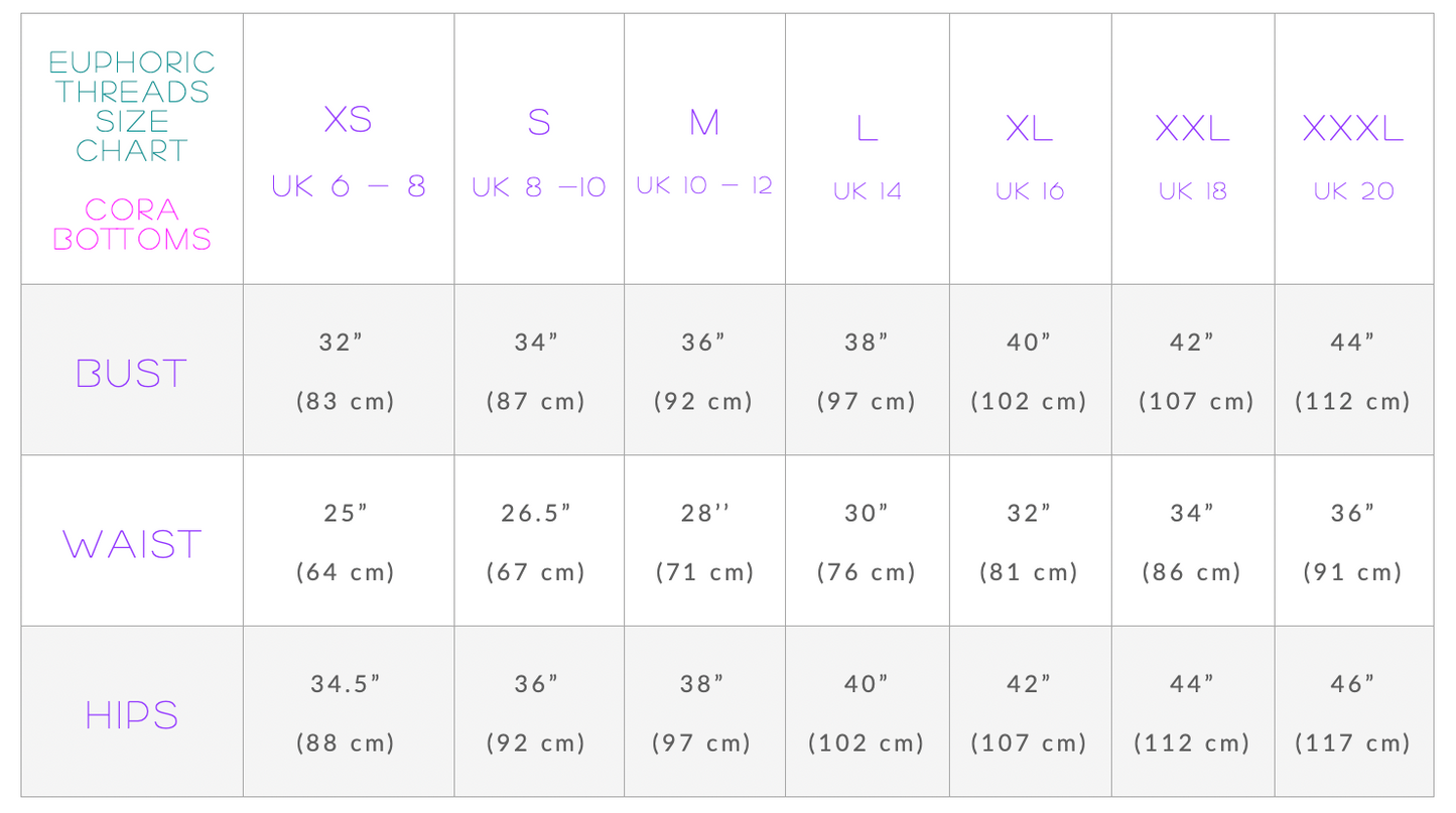 Euphoric Threads Eco Fashion for the Waves and Raves - Size Chart