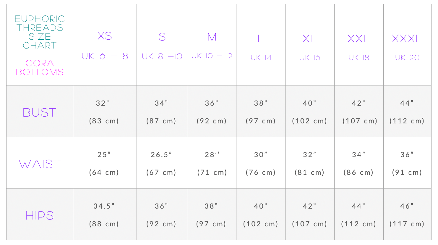 Euphoric Threads Eco Fashion for the Waves and Raves - Size Chart