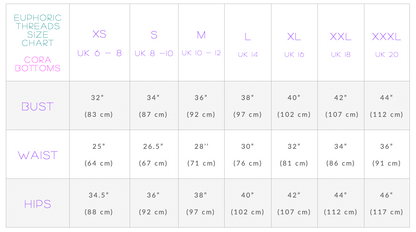 Euphoric Threads Eco Fashion for the Waves and Raves - Size Chart