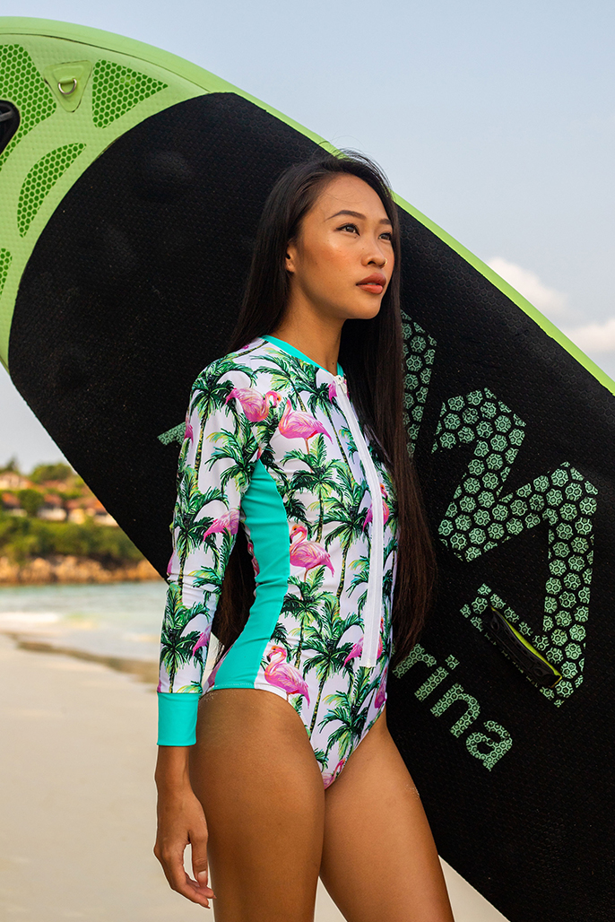 Tropical flamingo print long-sleeved surfsuit for paddleboarding - Handmade  in the UK by Euphoric Threads in Recycled Ocean Plastics