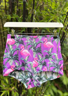 Euphoric Threads Eco Fashion for the Waves and Raves - Sustainable Handmade Swimwear and Surfwear - NEW LET'S FLAMINGO Collection - SAMPLE SALE SHORTS